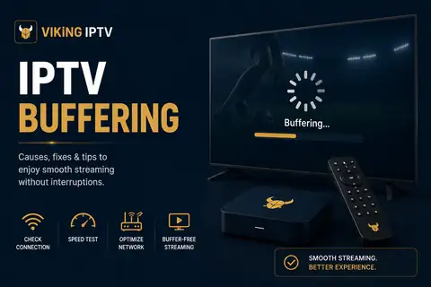 How to fix IPTV buffering How to fix IPTV buffering: a television mid-buffer beside a streaming box and remote, from the Viking IPTV guide