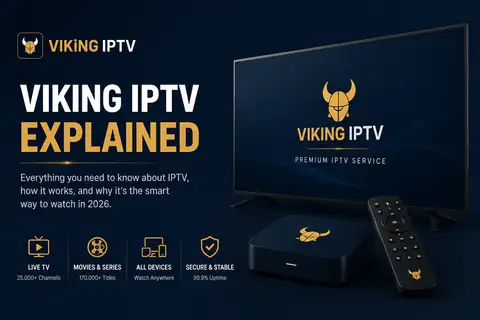 Viking IPTV explained Viking IPTV explained: the Viking IPTV logo on a television beside a streaming box and remote
