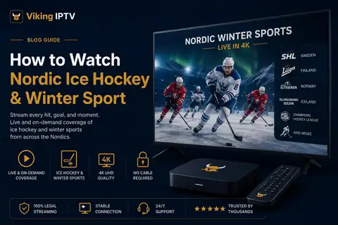 Nordic ice hockey in 4K on Viking IPTV Nordic ice hockey in 4K on Viking IPTV, with players on a television and the SHL, Liiga and Eliteserien badges