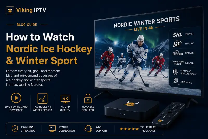 Nordic ice hockey in 4K on Viking IPTV, with players on a television and the SHL, Liiga and Eliteserien badges