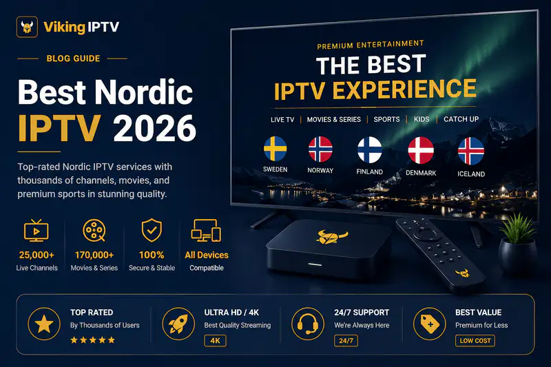 Viking IPTV guide graphic titled Best Nordic IPTV 2026, showing a television displaying the Swedish, Norwegian, Finnish, Danish and Icelandic flags beneath an aurora, with a streaming box and remote