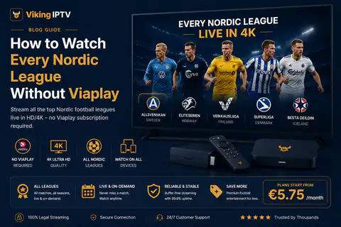 Viking IPTV guide graphic titled How to Watch Every Nordic League Without Viaplay, showing footballers from Allsvenskan, Eliteserien, Veikkausliiga, Superliga and Besta deild on a 4K television beside a streaming box and remote