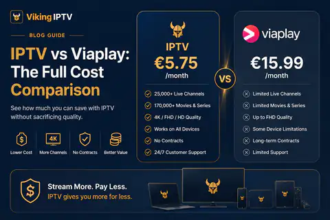 Viking IPTV guide graphic comparing IPTV against Viaplay side by side, listing live channel count, film library, video quality, contract terms and customer support for each
