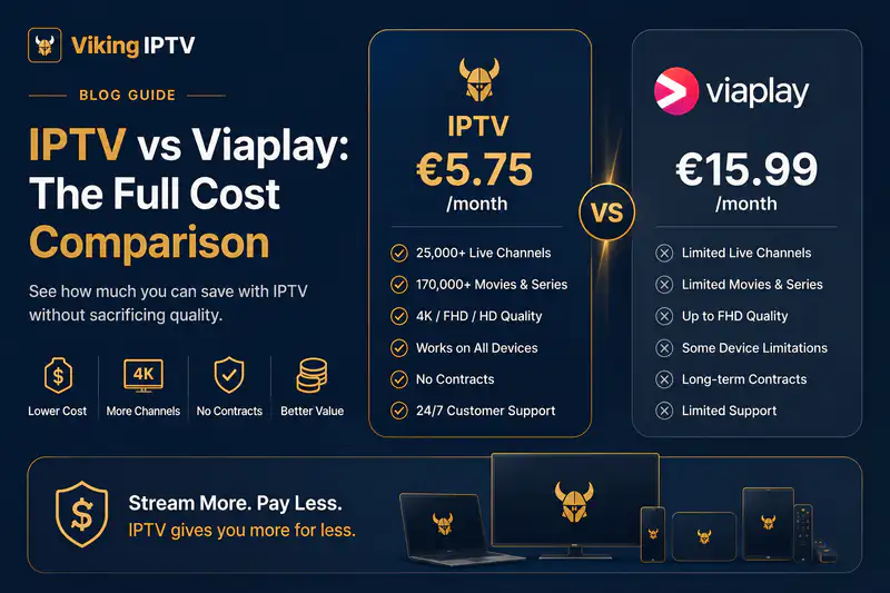 Viking IPTV guide graphic comparing IPTV against Viaplay side by side, listing live channel count, film library, video quality, contract terms and customer support for each